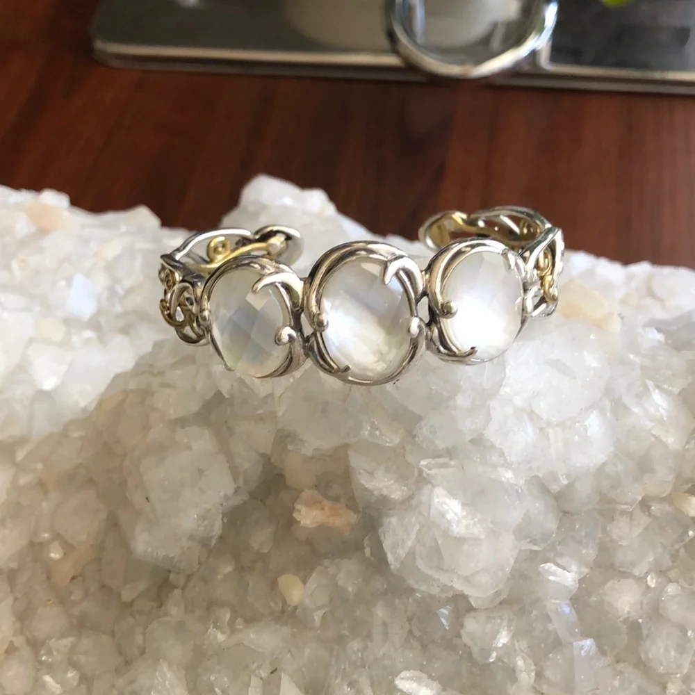 Carolyn Pollack Designer Sterling Silver Brass MOP Cuff Bracelet Boho Casual